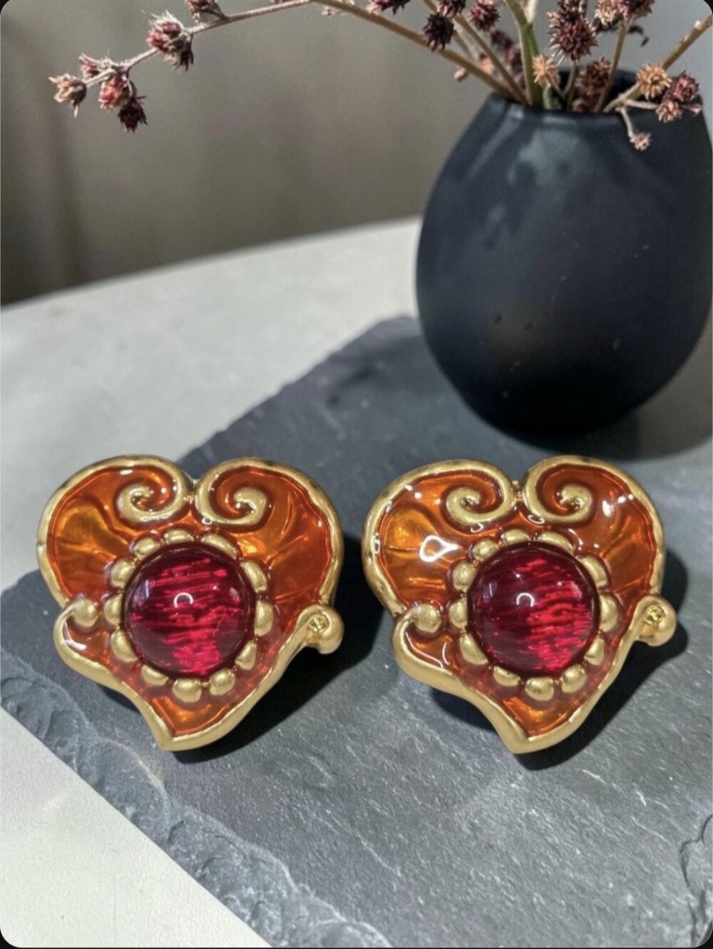 Chunky 18k Matte Gold Plated Enamel & Ruby Glass Cabochon Heart Clip Earrings